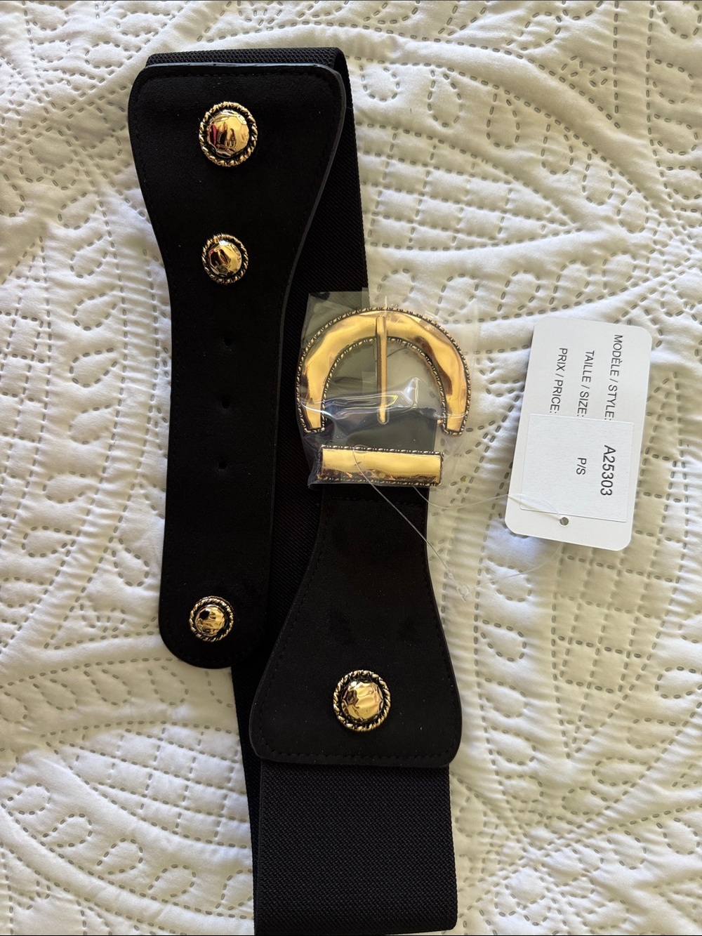 Frank Lyman Design Black Elastic Waist Belt with Gold Buckle & Buttons